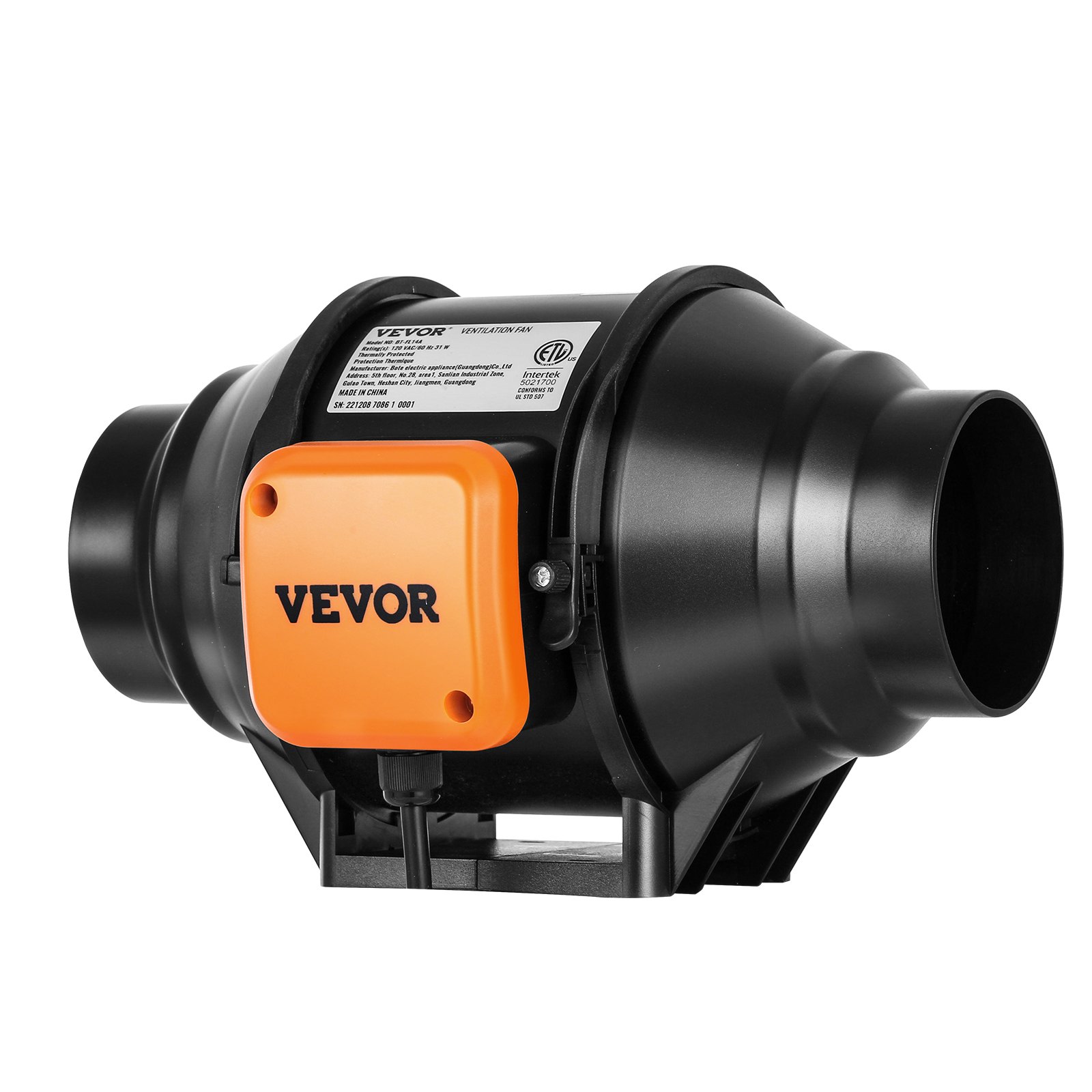 Ventilador de conducto en línea VEVOR, negro con caja de control naranja, para una ventilación eficiente y control del flujo de aire.