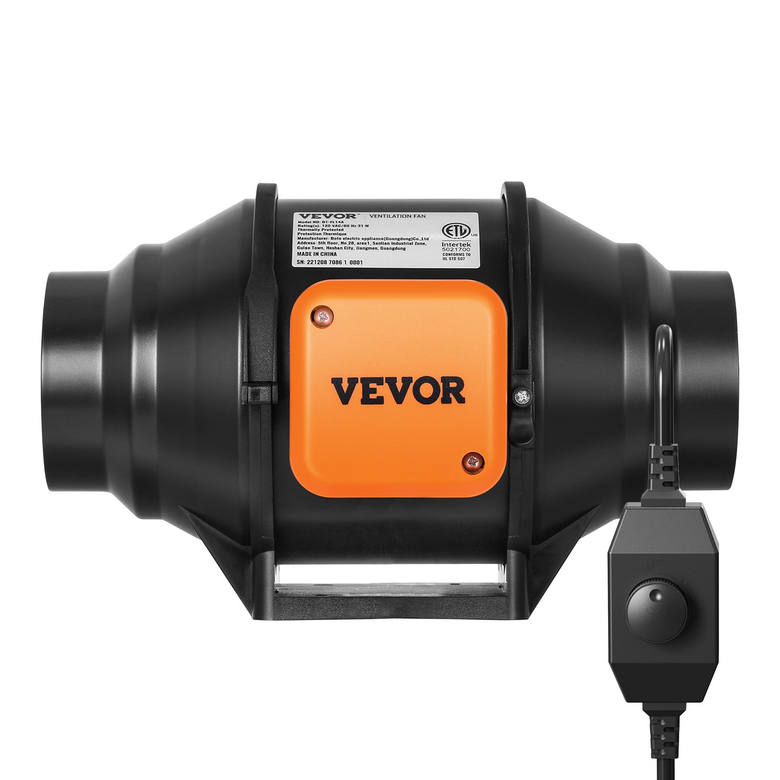 Ventilador de conducto en línea VEVOR con certificación etl en color negro y naranja, con cable de alimentación adjunto.