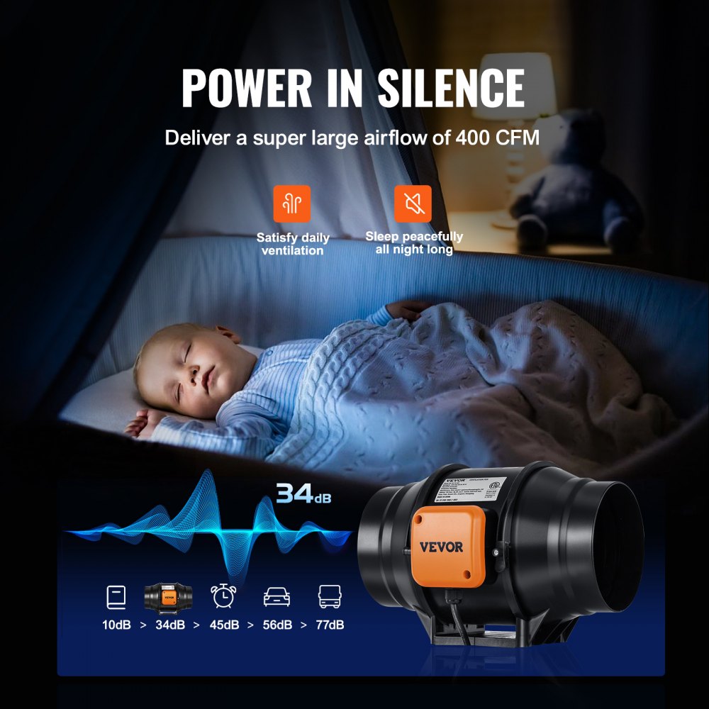 VEVOR Ventilador de conducto en línea, 6 pulgadas 400 CFM con controlador de velocidad variable, ventilador de escape silencioso con motor de CA para refuerzo de enfriamiento, tiendas de campaña, hidr