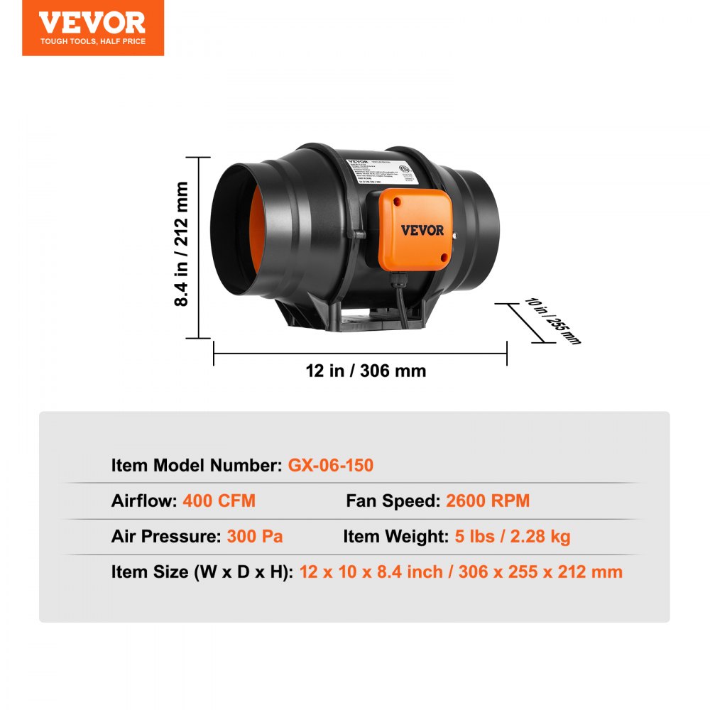 VEVOR Ventilador de conducto en línea, 6 pulgadas 400 CFM con controlador de velocidad variable, ventilador de escape silencioso con motor de CA para refuerzo de enfriamiento, tiendas de campaña, hidr
