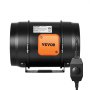Ventilador de conducto en línea VEVOR en color negro con una caja de control naranja adjunta y un interruptor de dial ajustable.