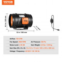 VEVOR - Ventilador de conducto en línea de 8 pulgadas, kit de ventilador de escape HVAC, control de velocidad variable de CA