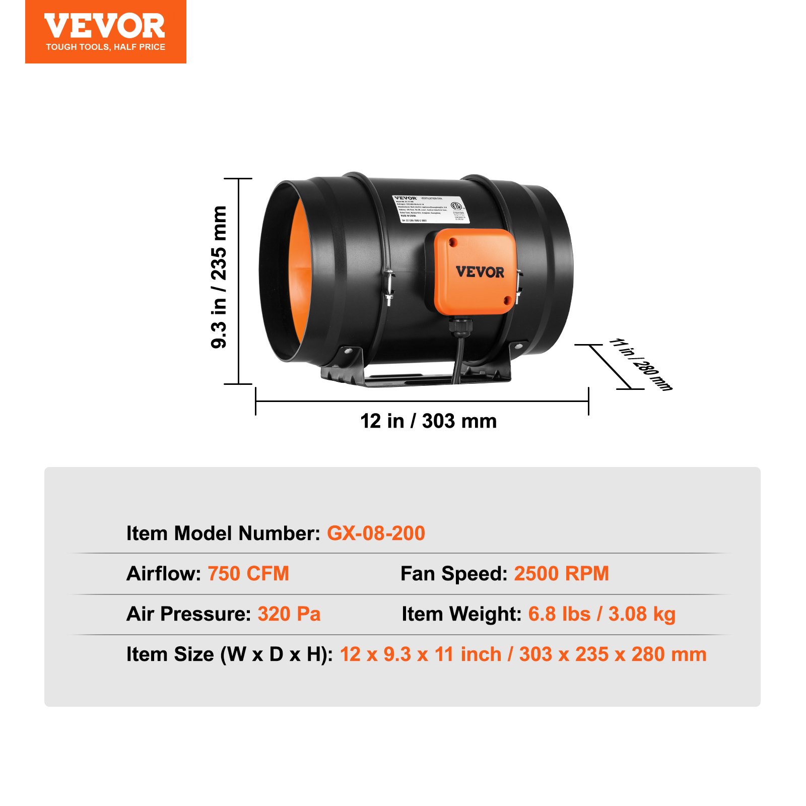 Ventilador de conducto en línea VEVOR, gx-08-200, 750 cfm, 2500 rpm, 12 x 9,3 x 11 pulgadas, 320 pa, 6,8 libras.