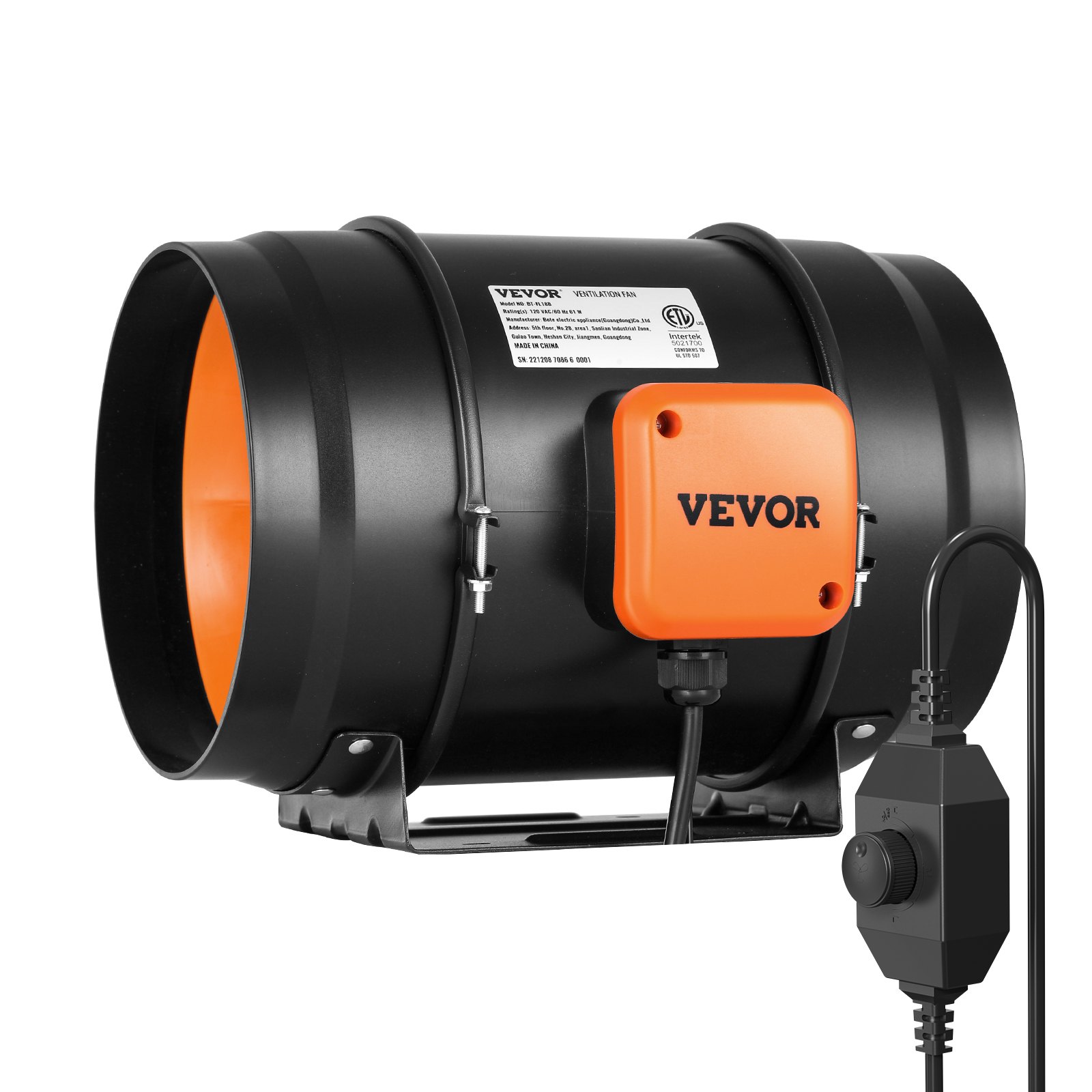 Ventilador de conducto en línea VEVOR con cuerpo cilíndrico negro, detalles en naranja e interruptor de control adjunto.