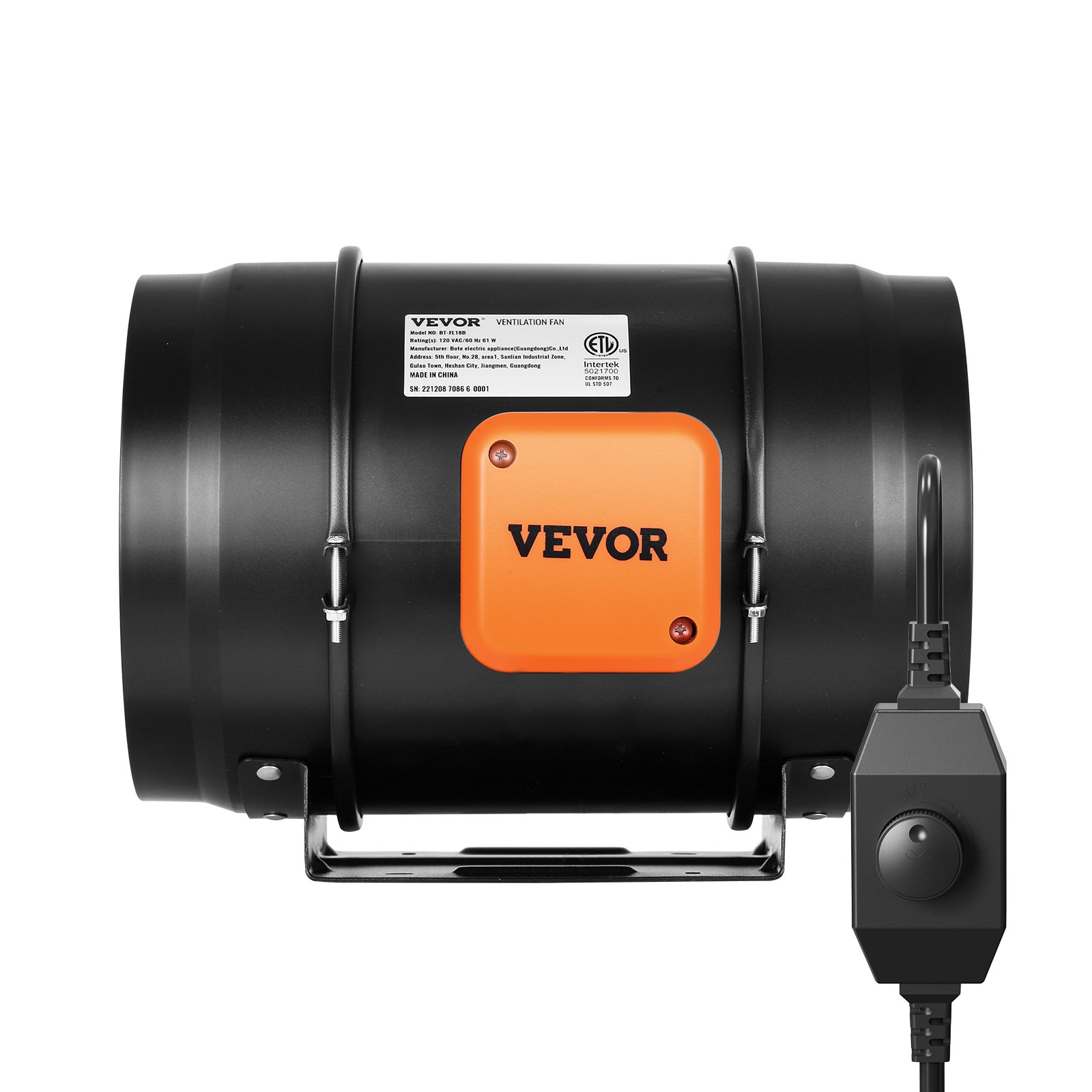 Ventilador de conducto en línea VEVOR en color negro con una caja de control naranja adjunta y un interruptor de dial ajustable.