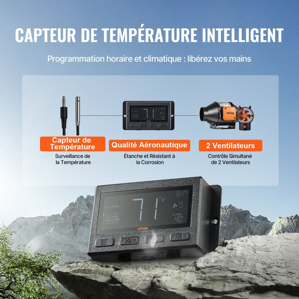 Ventilador de conducto en línea VEVOR, extractor de ventilación silencioso con motor EC de 4 pulgadas y 205 CFM, con controlador de temperatura y humedad para sistemas de refrigeración, carpas de cultivo e hidroponía.