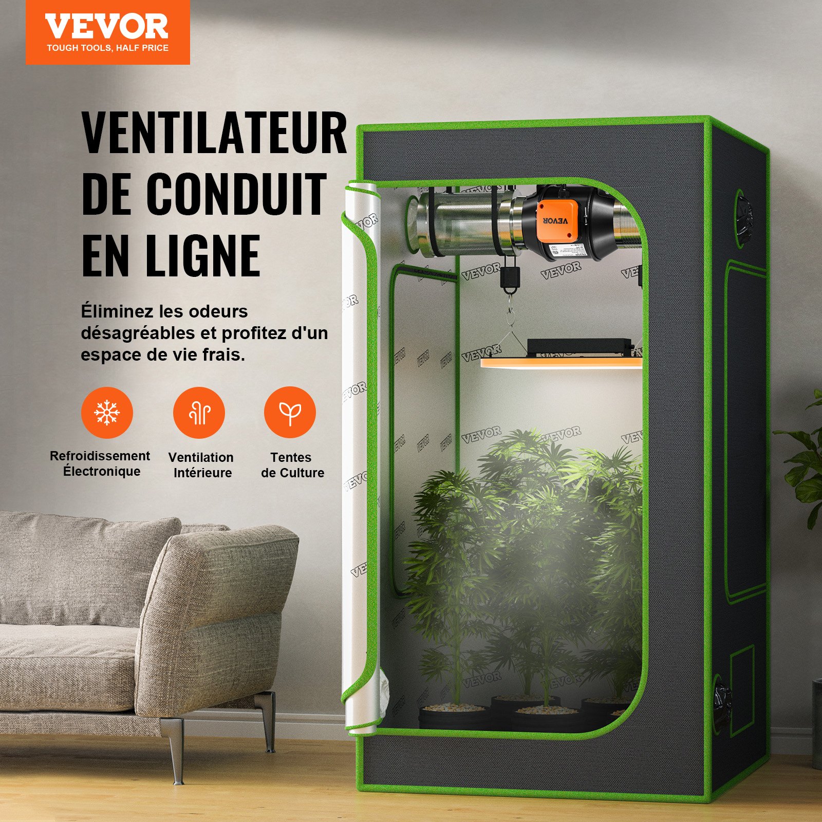 Ventilador de conducto en línea VEVOR, extractor de ventilación silencioso con motor EC de 4 pulgadas y 205 CFM, con controlador de temperatura y humedad para sistemas de refrigeración, carpas de cultivo e hidroponía.