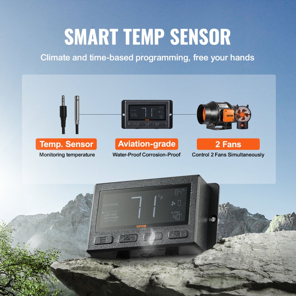 Controlador de velocidad del viento del ventilador de conducto en línea VEVOR con configuraciones baja, media y alta indicadas.