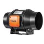 Ventilador de conducto en línea VEVOR con cuerpo cilíndrico negro y caja de control naranja.