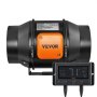 Ventilador de conducto en línea VEVOR con panel de control naranja y perilla de velocidad ajustable.