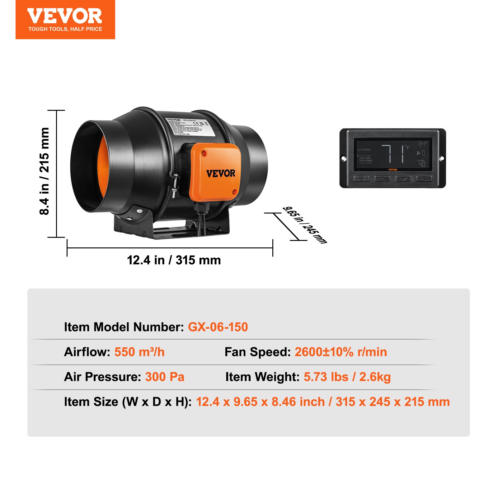 Ventilador de conducto en línea VEVOR, modelo gx-06-150, flujo de aire de 400 cfm, 2600 rpm, 300 pa, 12 x 10 x 8,4 pulgadas