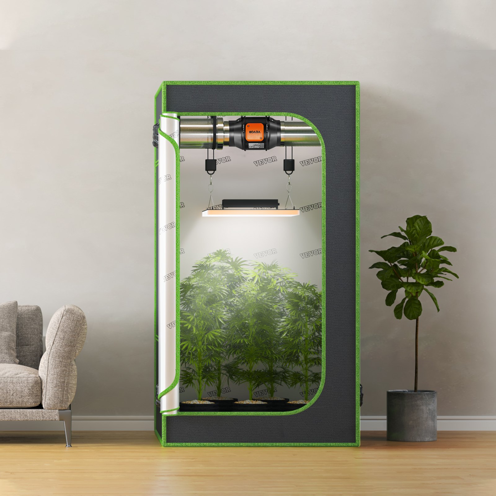 Configuración de tienda de cultivo con ventilador de conducto en línea VEVOR y luz LED, que alberga plantas en macetas en un espacio interior.