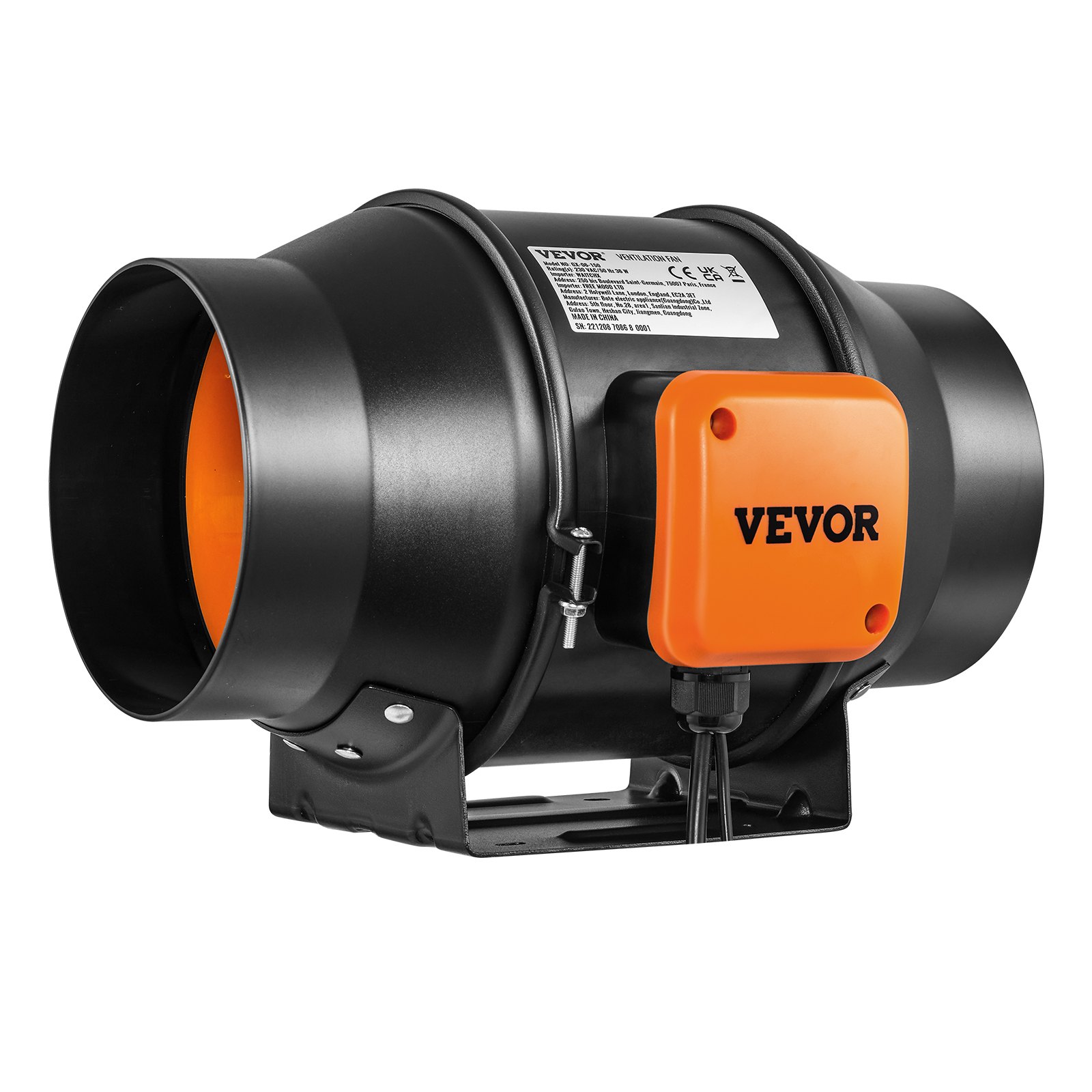 Ventilador de conducto en línea VEVOR, negro con caja de control naranja y base de montaje.