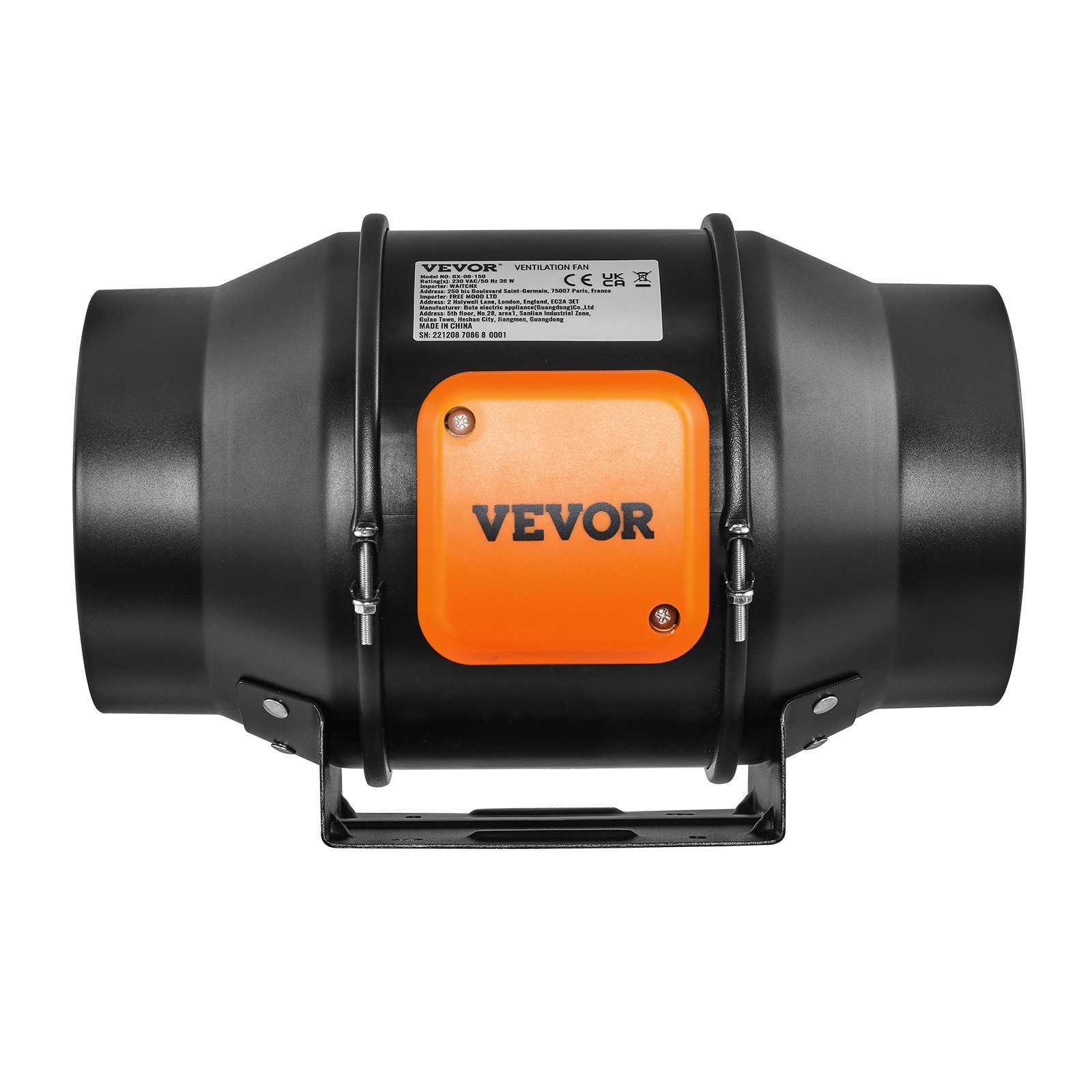 Ventilador de conducto en línea VEVOR con cuerpo cilíndrico negro y caja de control naranja.