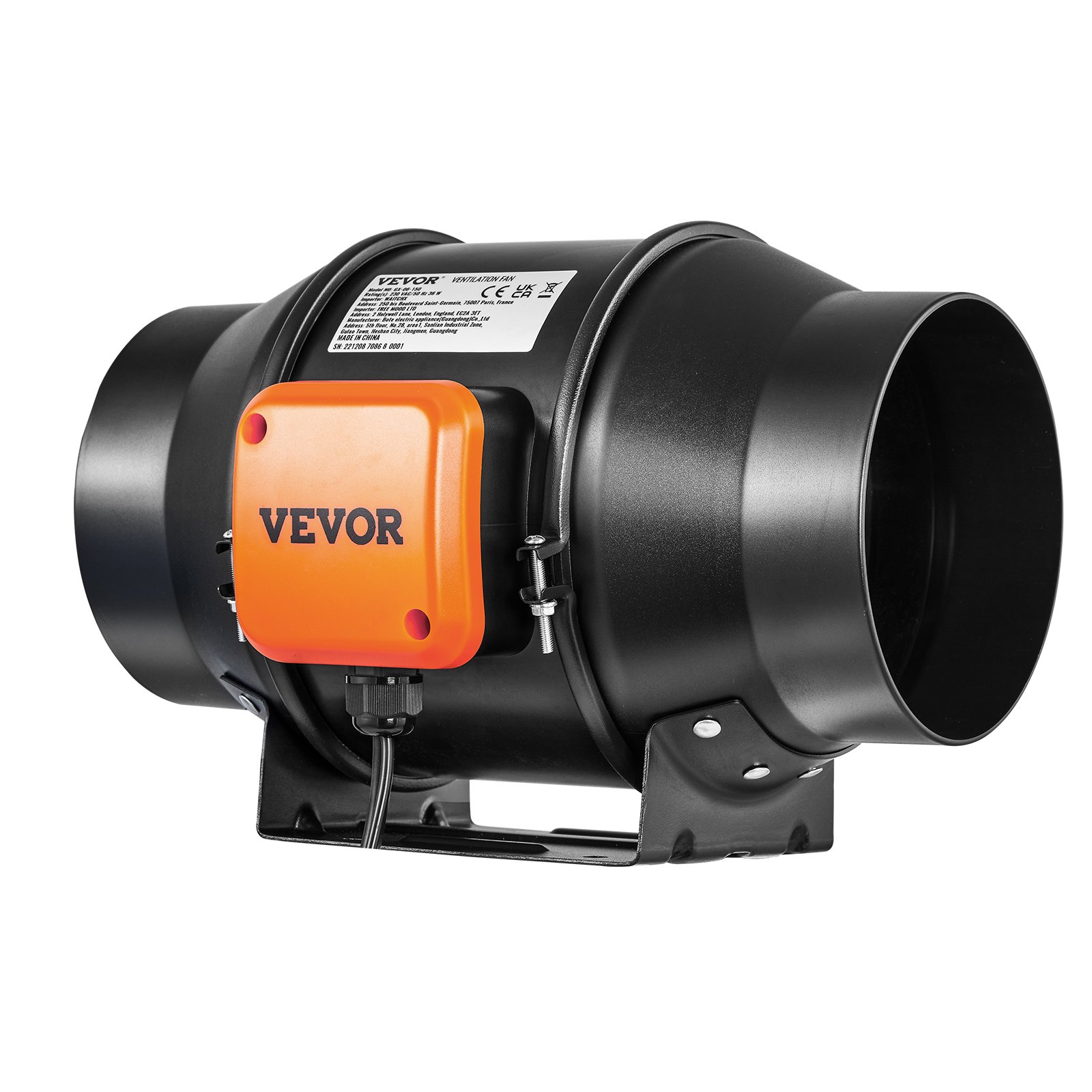 Ventilador de conducto en línea VEVOR con cuerpo cilíndrico negro y caja de control naranja.