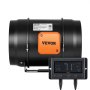 Ventilador de conducto en línea VEVOR con pantalla de control digital que muestra la configuración de temperatura y humedad.