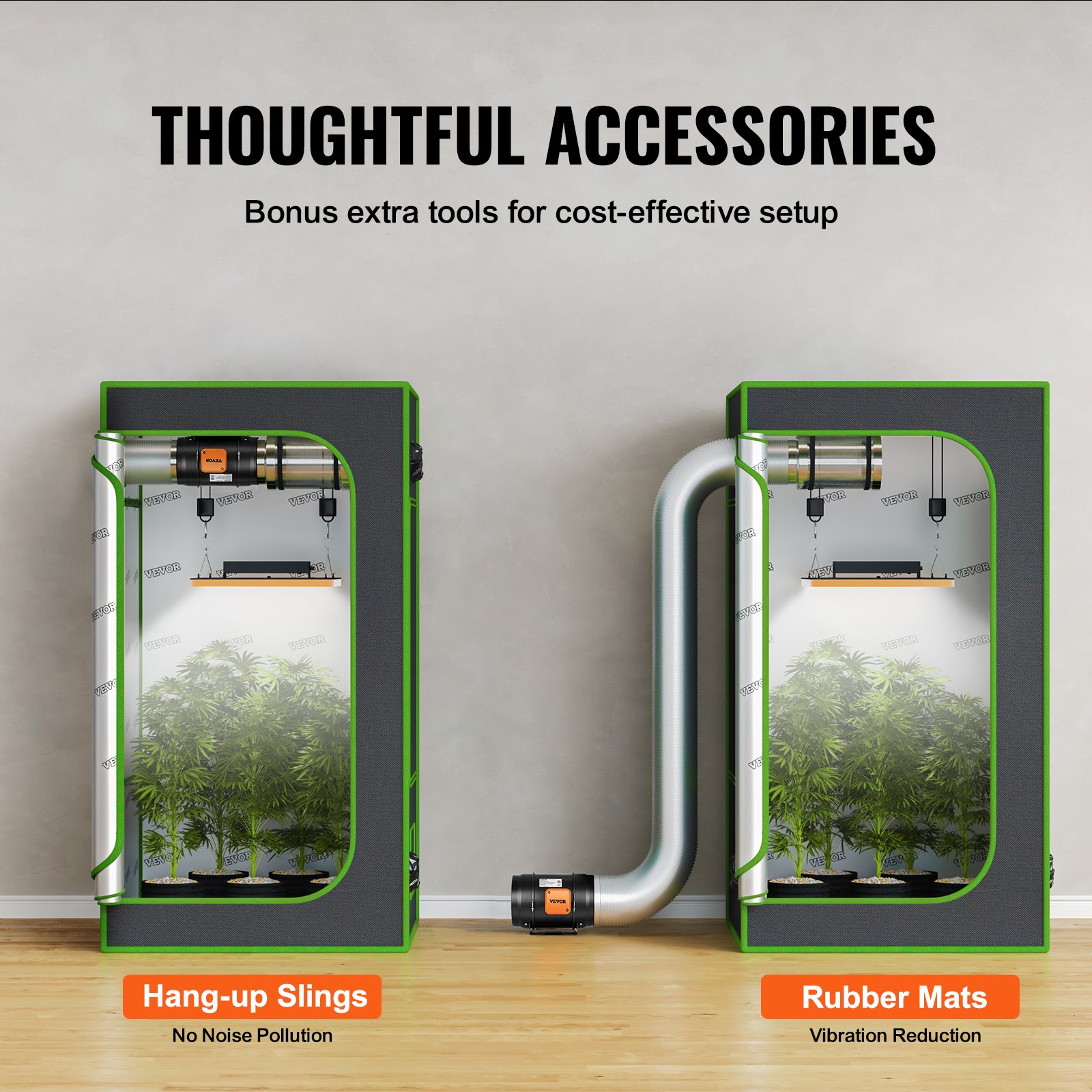 Ventilador de conducto en línea VEVOR con eslingas para colgar en una tienda de cultivo y alfombrillas de goma para reducir las vibraciones.