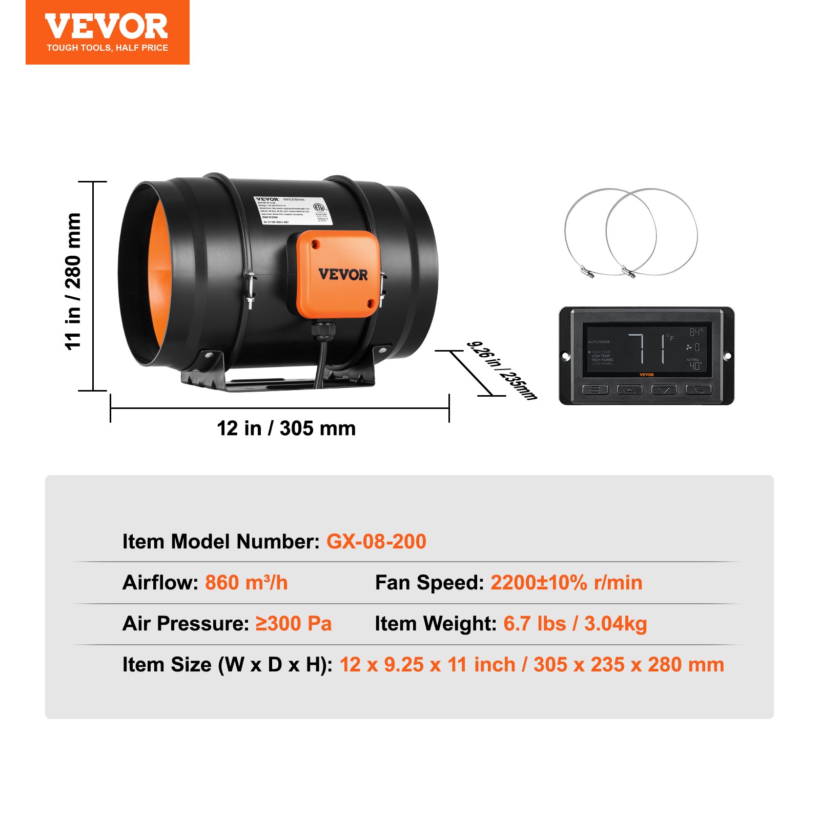 Ventilador de conducto en línea VEVOR gx-08-200, 807 cfm, 3000 rpm, 6,7 libras, 12 x 9,4 x 10,8 pulgadas, 350 pa, con panel de control.