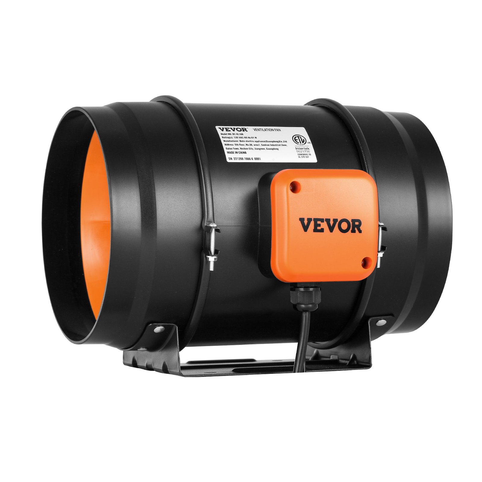 Ventilador de conducto en línea VEVOR con carcasa naranja y negra, con cables de alimentación y soporte de montaje.