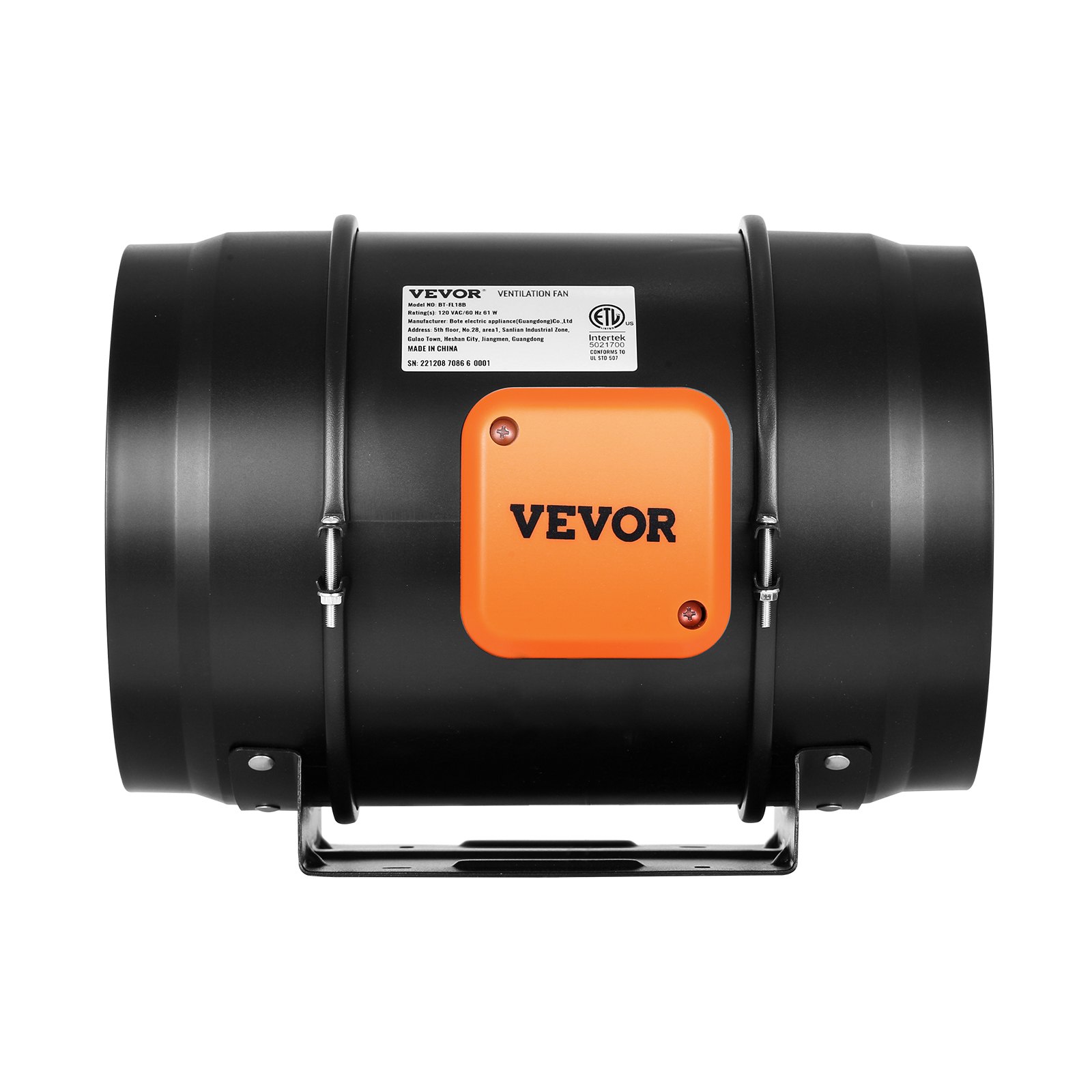 Ventilador de conducto en línea VEVOR negro con detalle naranja y soporte de montaje.