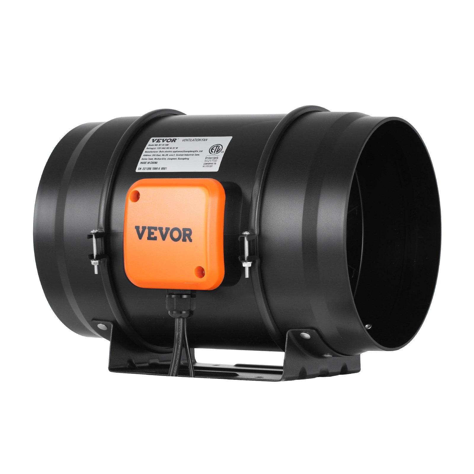 Ventilador de conducto en línea VEVOR con diseño cilíndrico negro, caja de control naranja y base montada.