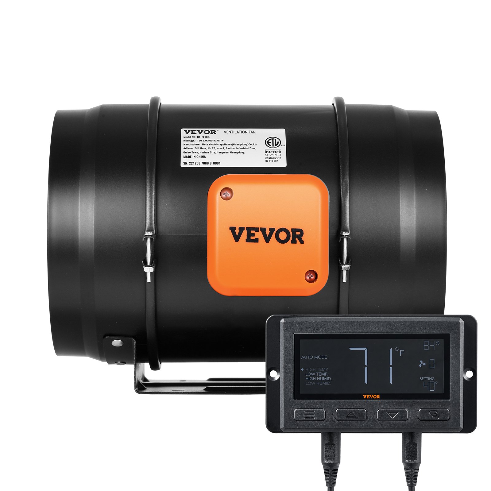 Ventilador de conducto en línea VEVOR con pantalla de control digital que muestra la configuración de temperatura y humedad.