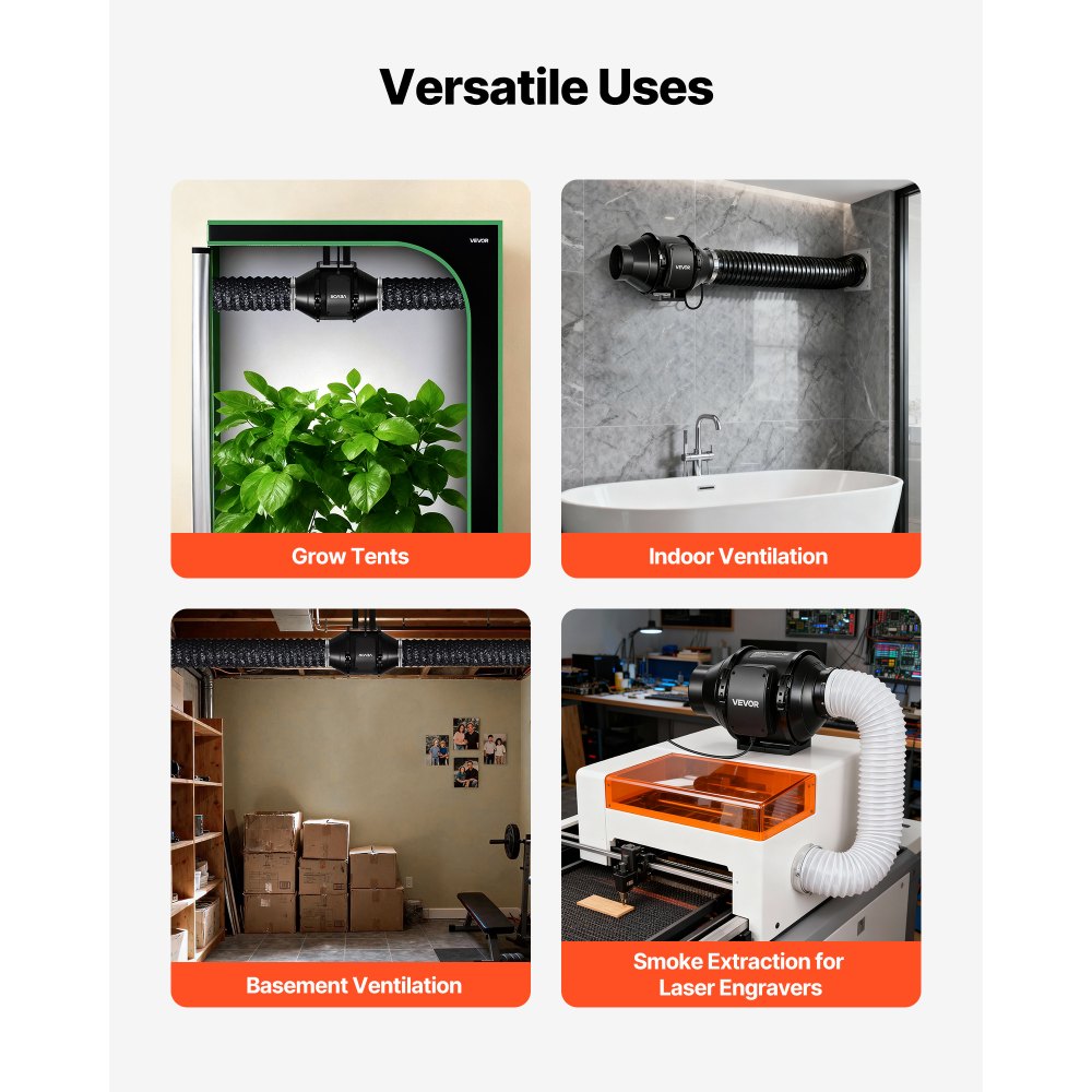 Ventilador de conducto en línea VEVOR, extractor silencioso de 4 pulgadas, potente motor de CA de 180 CFM, ventiladores de ventilación para refrigeración, alto flujo de aire, ventiladores de ventilación para tiendas de cultivo en interiores, sótanos e hidroponía.