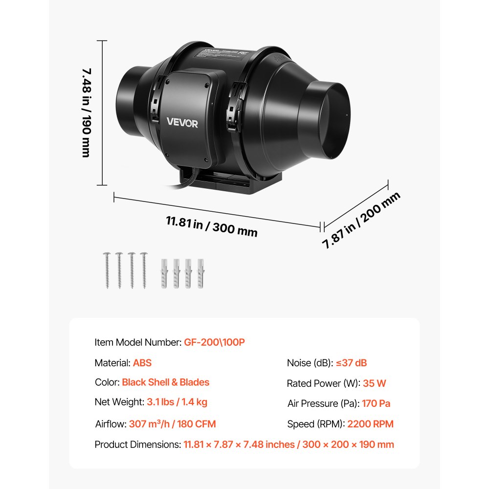 Ventilador de conducto en línea VEVOR, extractor silencioso de 4 pulgadas, potente motor de CA de 180 CFM, ventiladores de ventilación para refrigeración, alto flujo de aire, ventiladores de ventilación para tiendas de cultivo en interiores, sótanos e hidroponía.