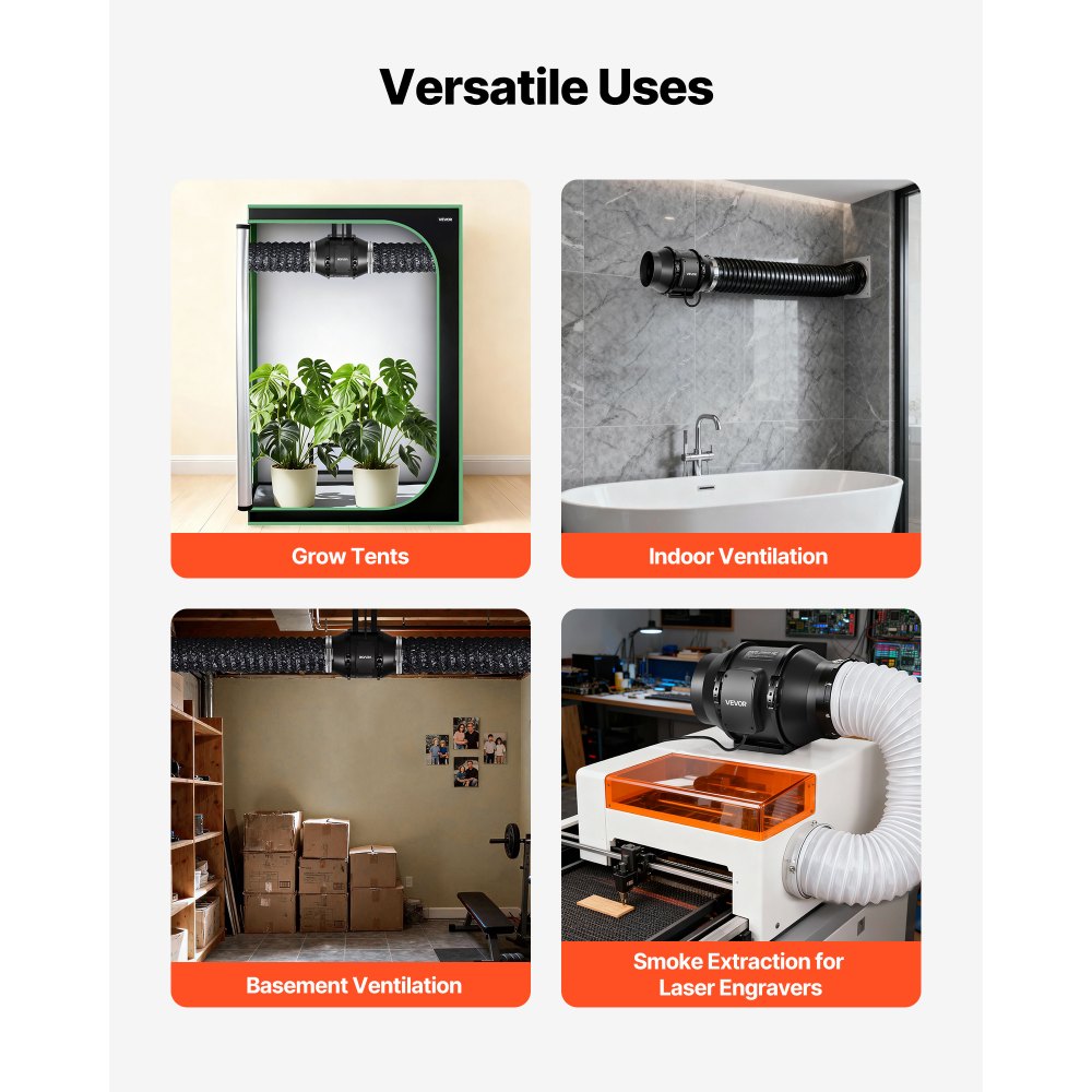 Ventilador de conducto en línea VEVOR, extractor silencioso de 15 cm, potente motor de CA de 380 CFM, para refrigeración, alto flujo de aire, ideal para tiendas de cultivo en interiores, sótanos e hidroponía.