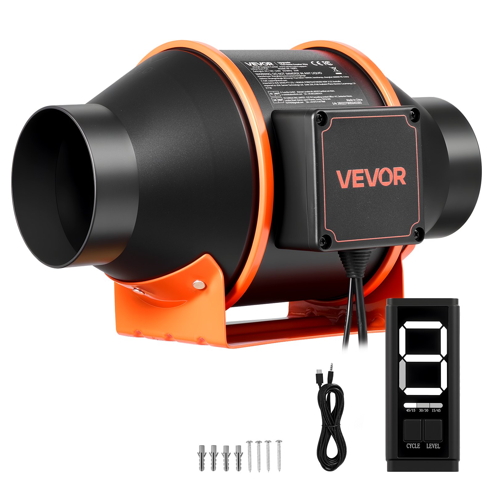 Ventilador de conducto en línea VEVOR, 205 CFM, 4 pulgadas, motor EC, ventilación con circulación de 3 velocidades, controlador PWM de 10 velocidades, funcionamiento con temporizador, refrigeración para carpas de cultivo, jardinería de interior e hidroponía.