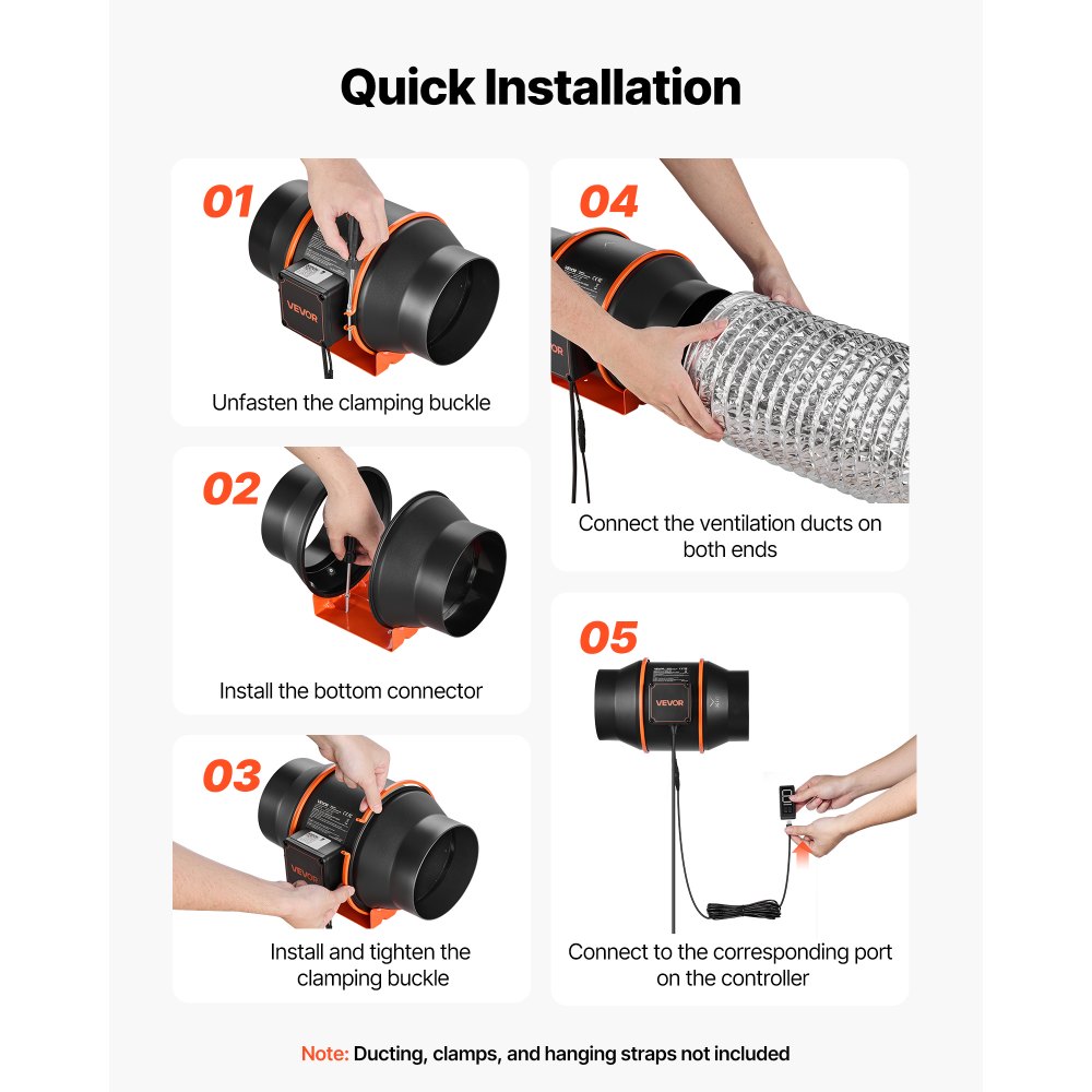 Ventilador de conducto en línea VEVOR, 402 CFM, 6 pulgadas, motor EC, ventilación con circulación de 3 velocidades, controlador PWM de 10 velocidades, funcionamiento con temporizador, refrigeración para carpas de cultivo, jardinería de interior e hidroponía.