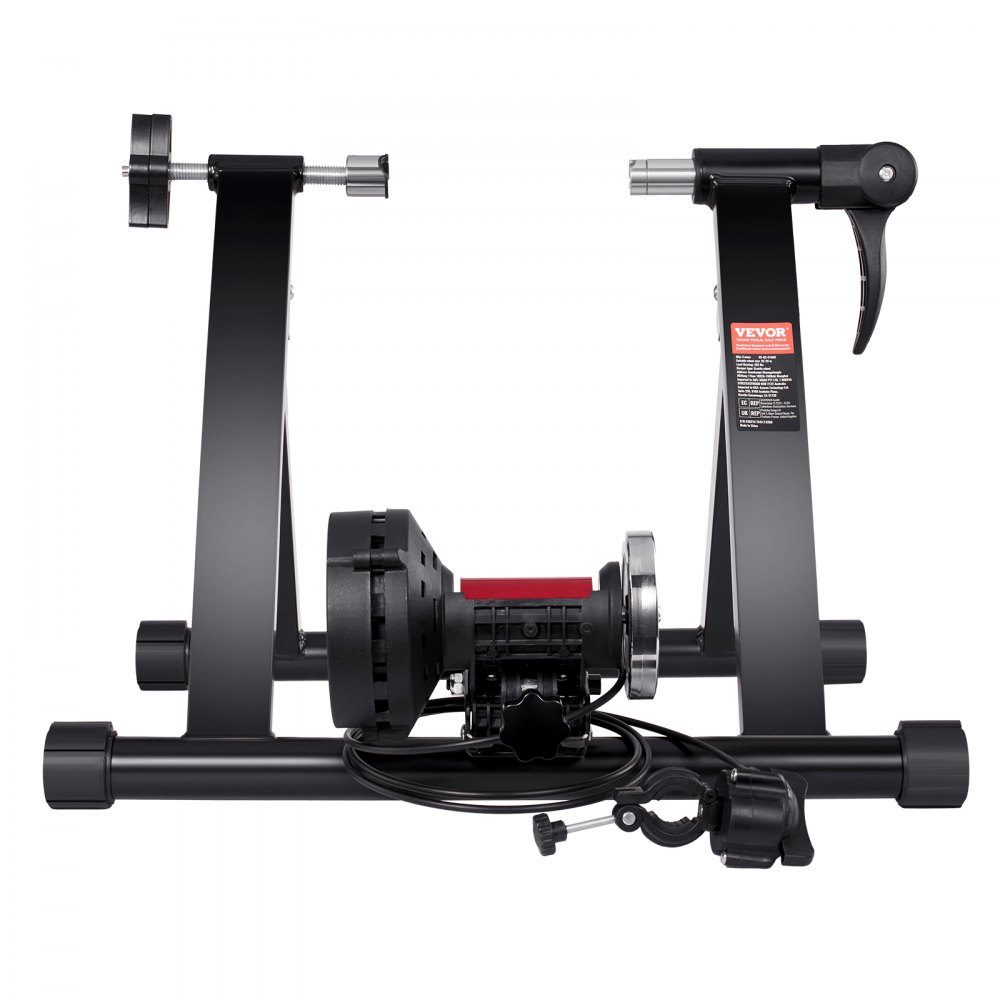 Soporte para entrenador de bicicleta VEVOR con perilla de ajuste de resistencia y patas de estabilidad, adecuado para ciclismo en interiores.