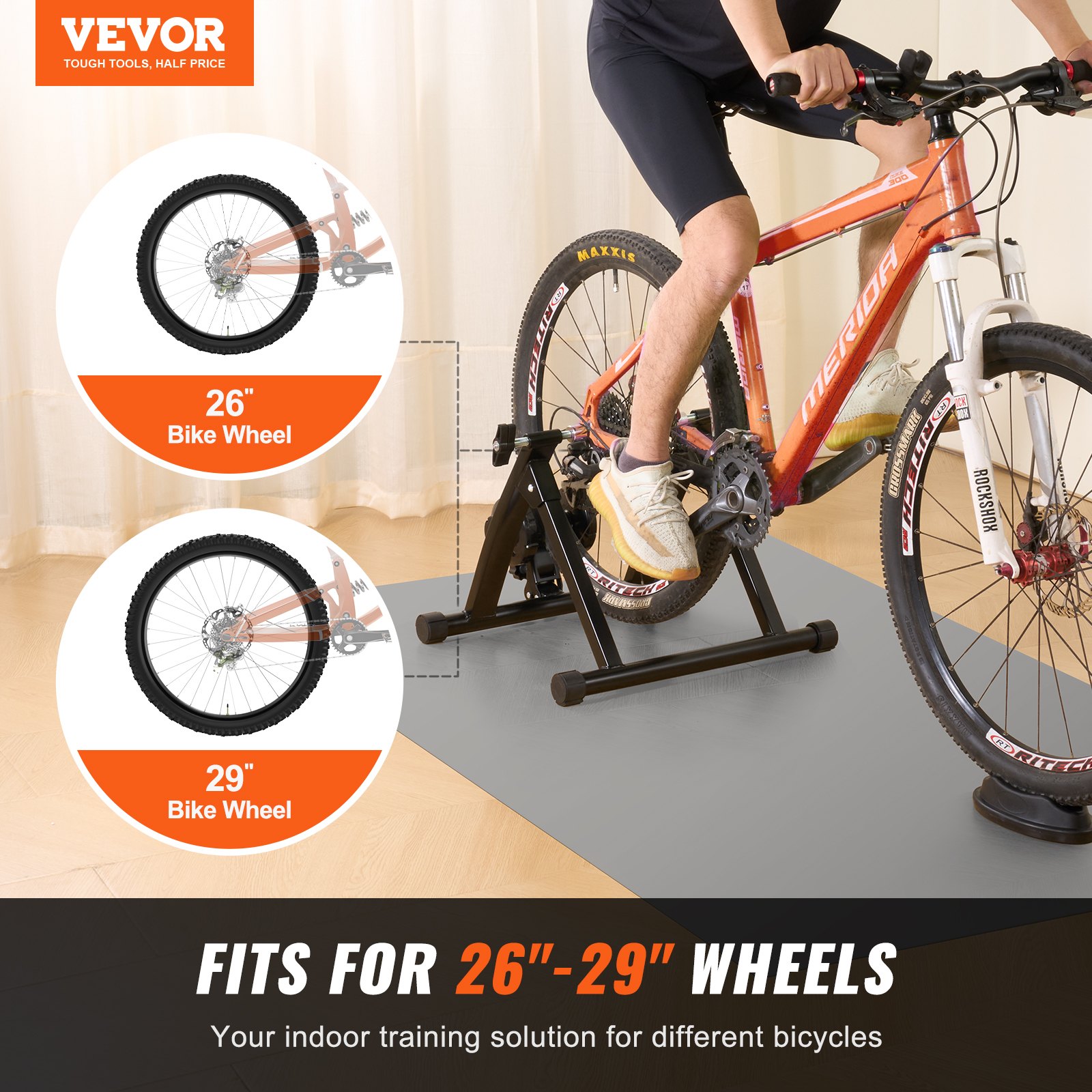 Soporte para entrenador de bicicleta VEVOR para ruedas de 26&quot; a 29&quot;, entrenamiento en interiores con bicicleta naranja sobre soporte.
