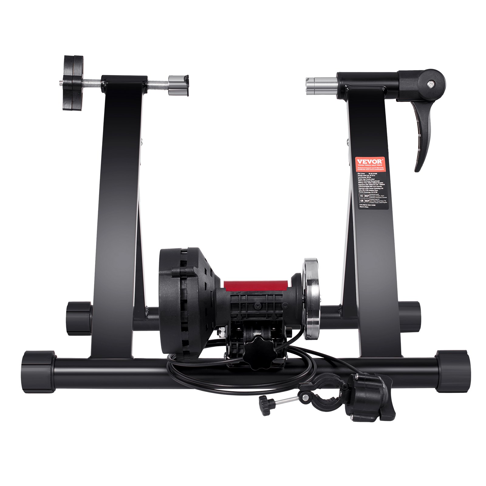 Soporte para entrenador de bicicleta VEVOR con perilla de ajuste de resistencia y patas de estabilidad, adecuado para ciclismo en interiores.