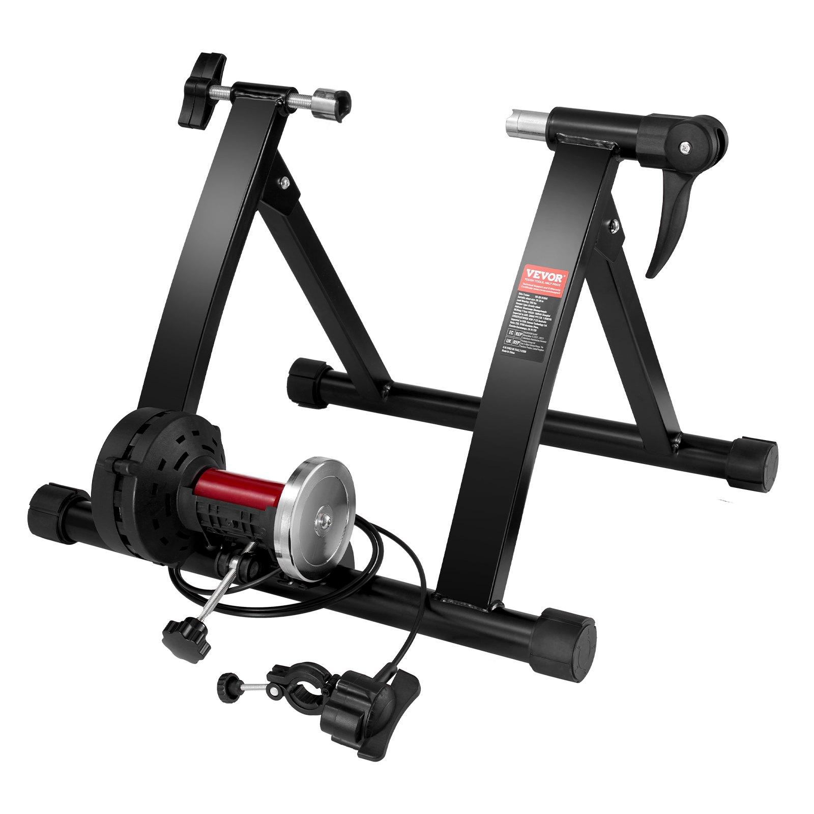 Soporte para entrenador de bicicleta VEVOR de acero negro con unidad de resistencia y palanca de liberación rápida.