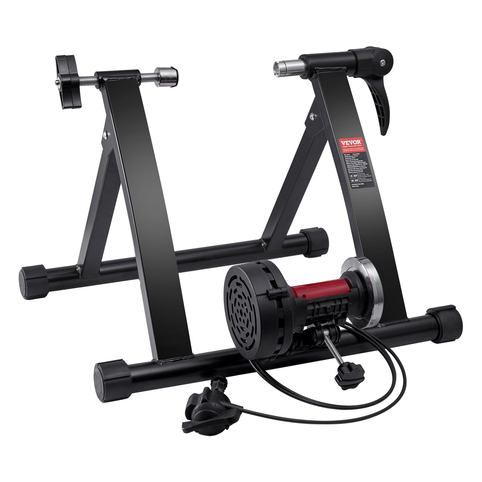 Soporte para entrenador de bicicleta VEVOR negro con unidad de resistencia y perillas ajustables sobre fondo blanco.