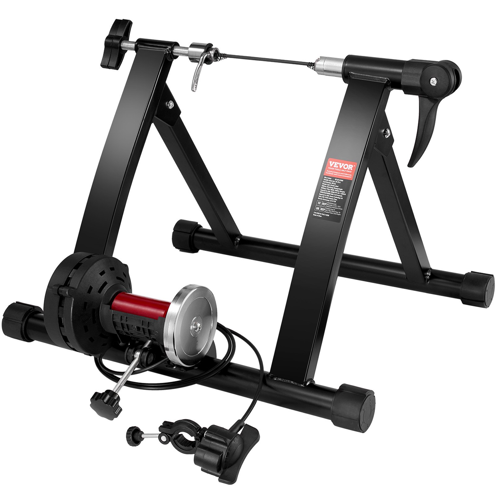 Soporte para entrenador de bicicleta VEVOR con marco negro resistente, unidad de resistencia y componentes ajustables.