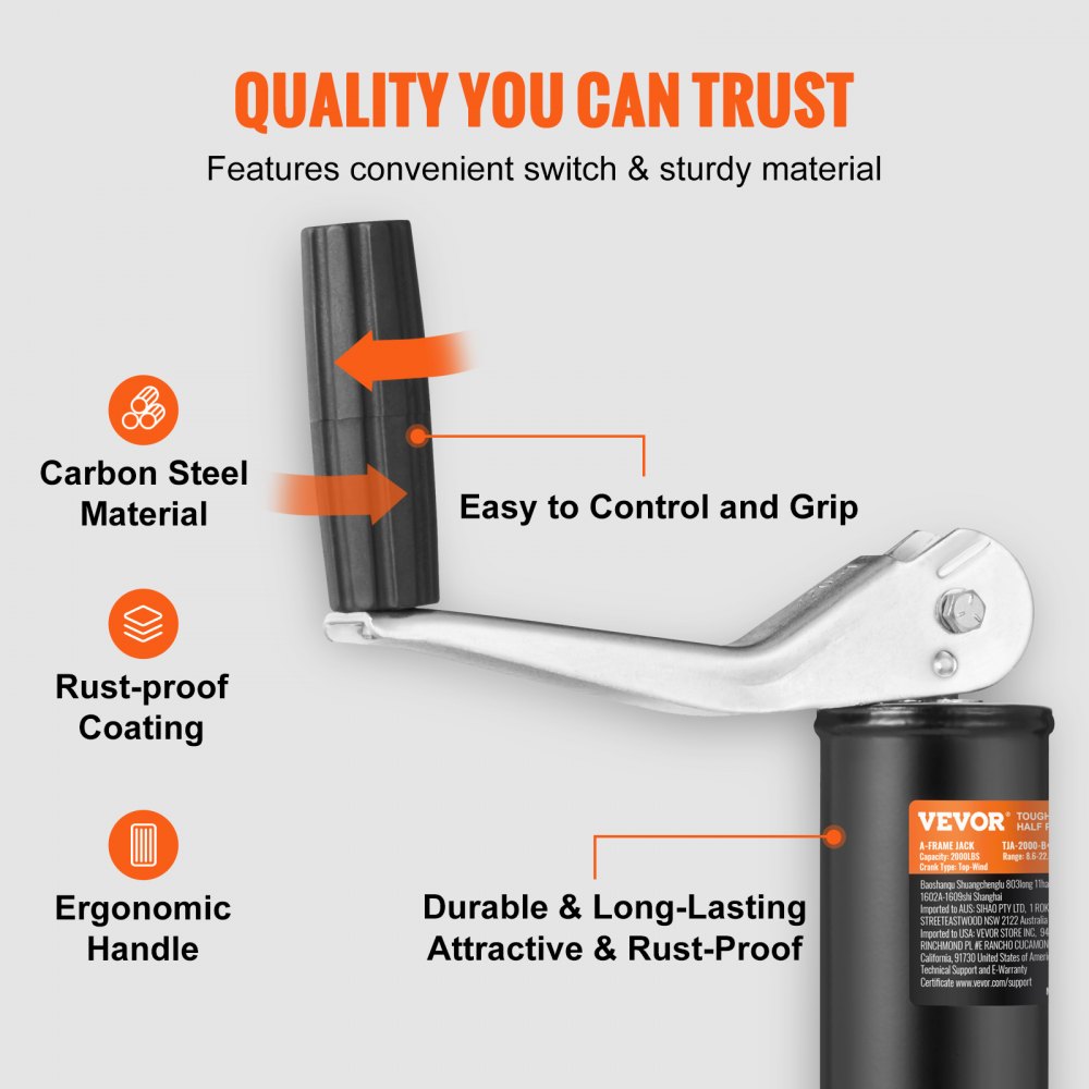 VEVOR Gato de remolque, gato de lengüeta de remolque con marco en A, capacidad de peso de 2000 lb, soporte de gato de remolque con asa para levantar remolques de RV, remolques de caballos, remolques u