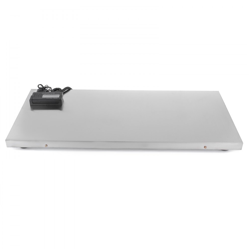 Báscula para ganado VEVOR con pantalla LCD sobre plataforma de acero inoxidable.