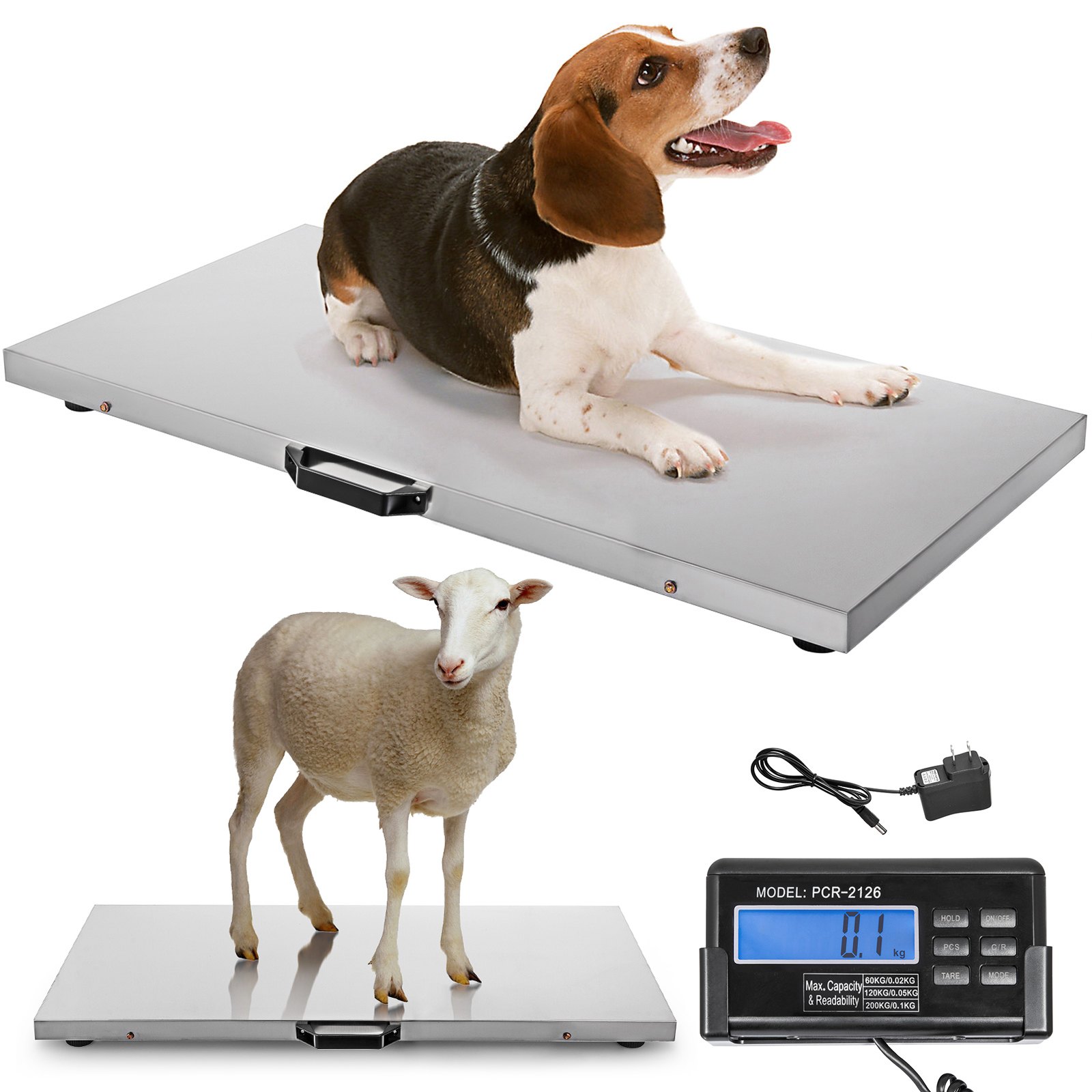 Báscula para ganado VEVOR con perros y ovejas, pantalla digital y adaptador de corriente.