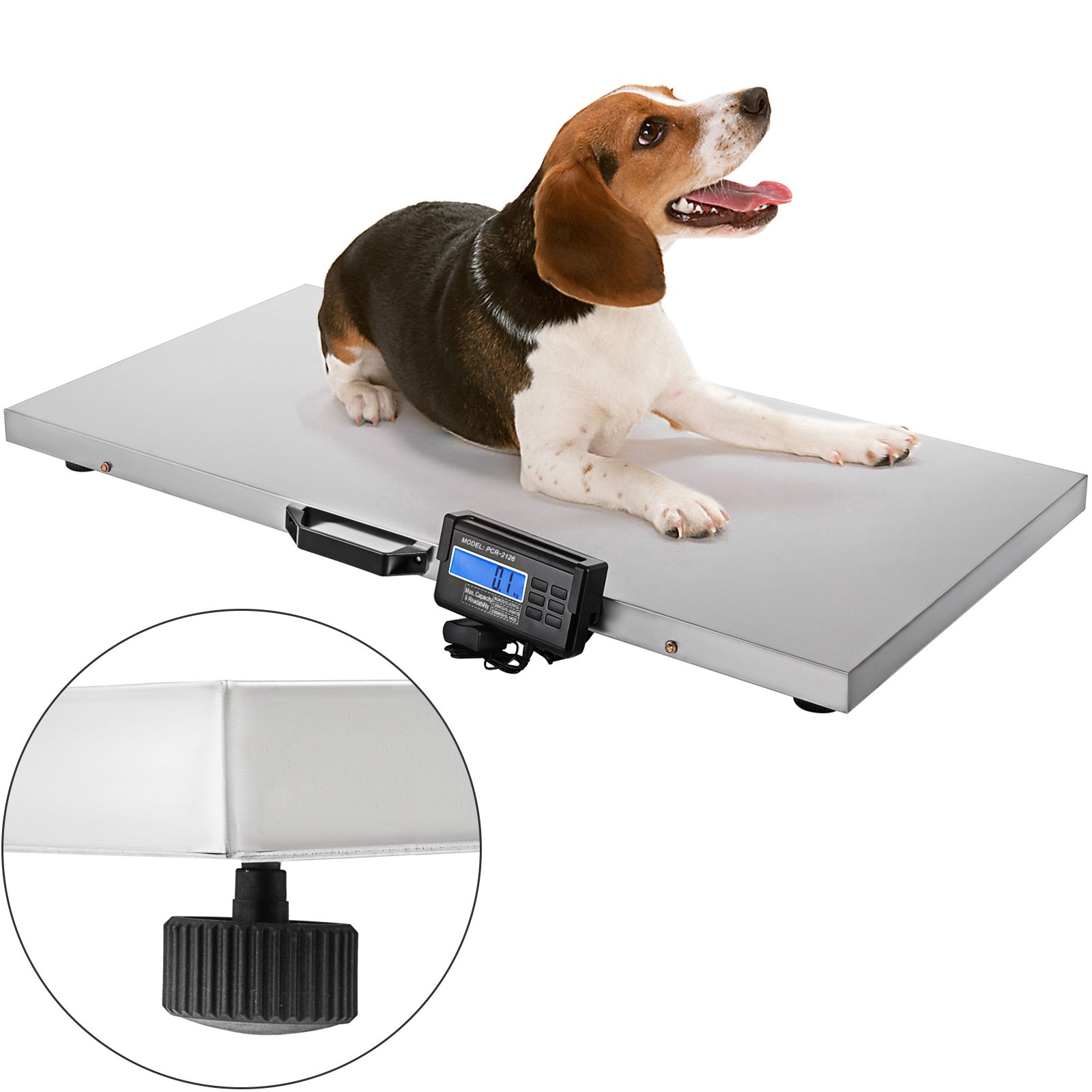 Báscula para ganado VEVOR con pantalla LCD, que muestra el uso de la mascota y perilla de pie ajustable.