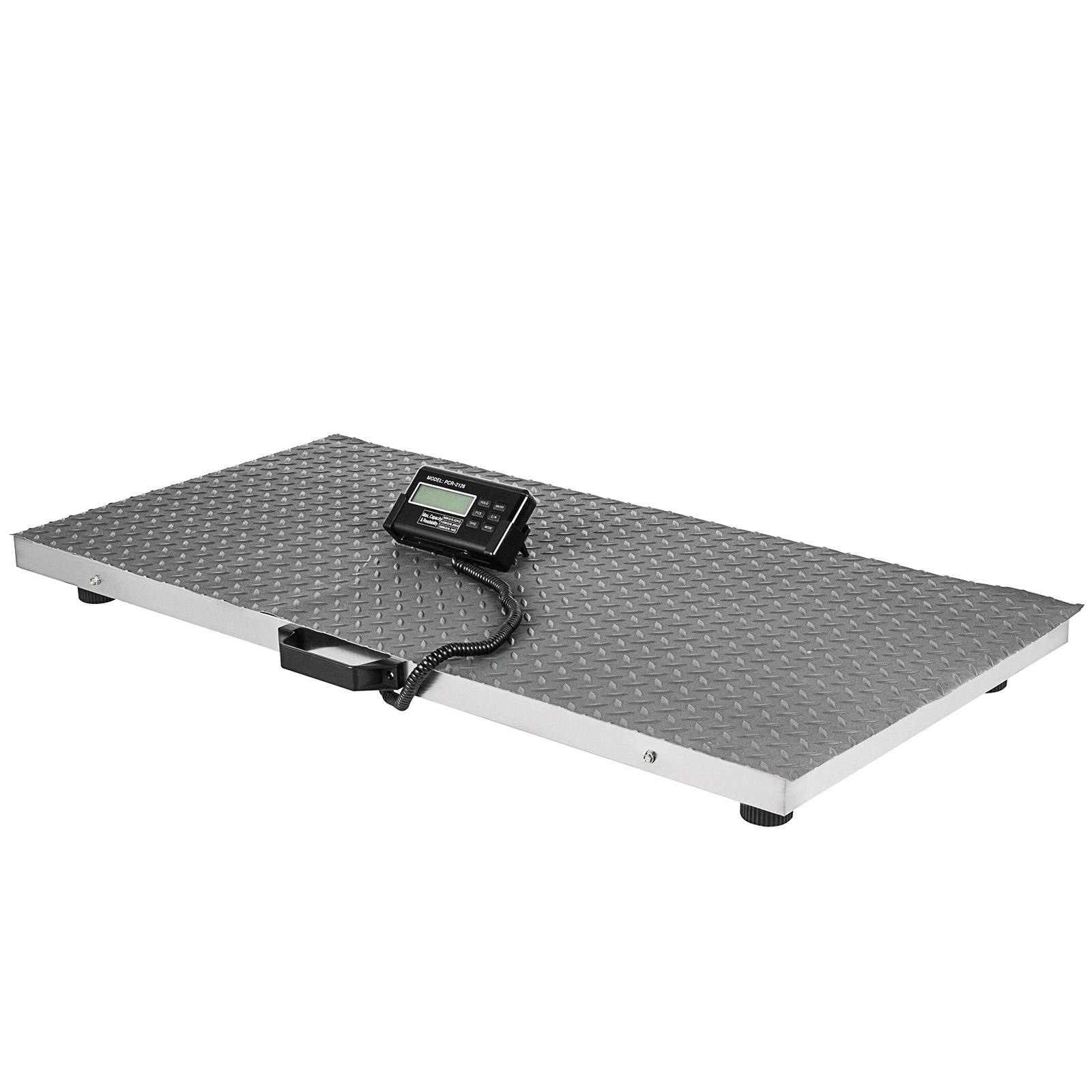 Báscula para ganado VEVOR con plataforma con patrón de diamante y pantalla digital.