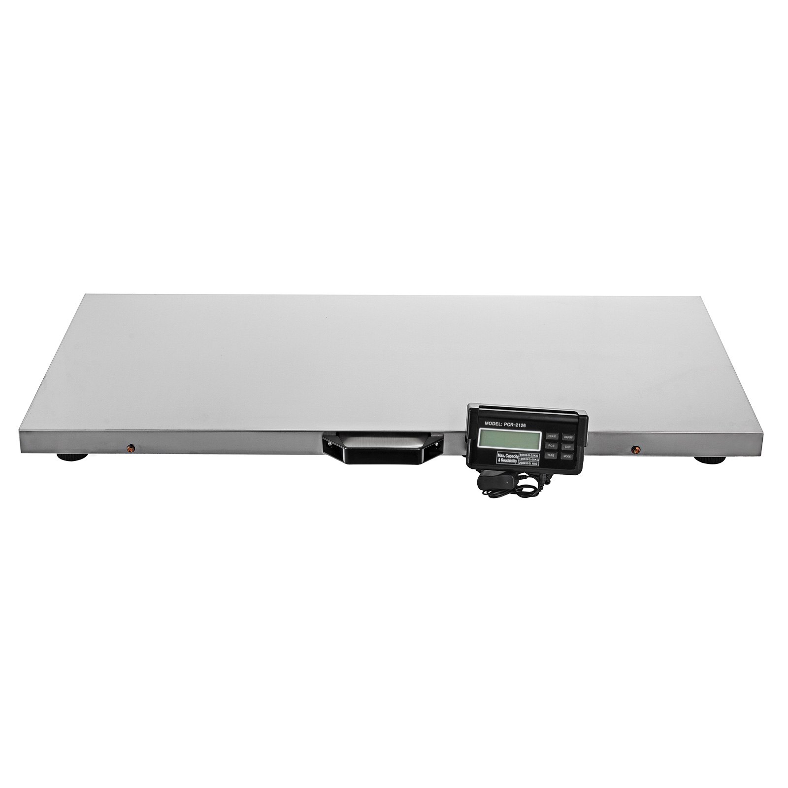 Báscula para ganado VEVOR con pantalla digital sobre una elegante plataforma de acero inoxidable.