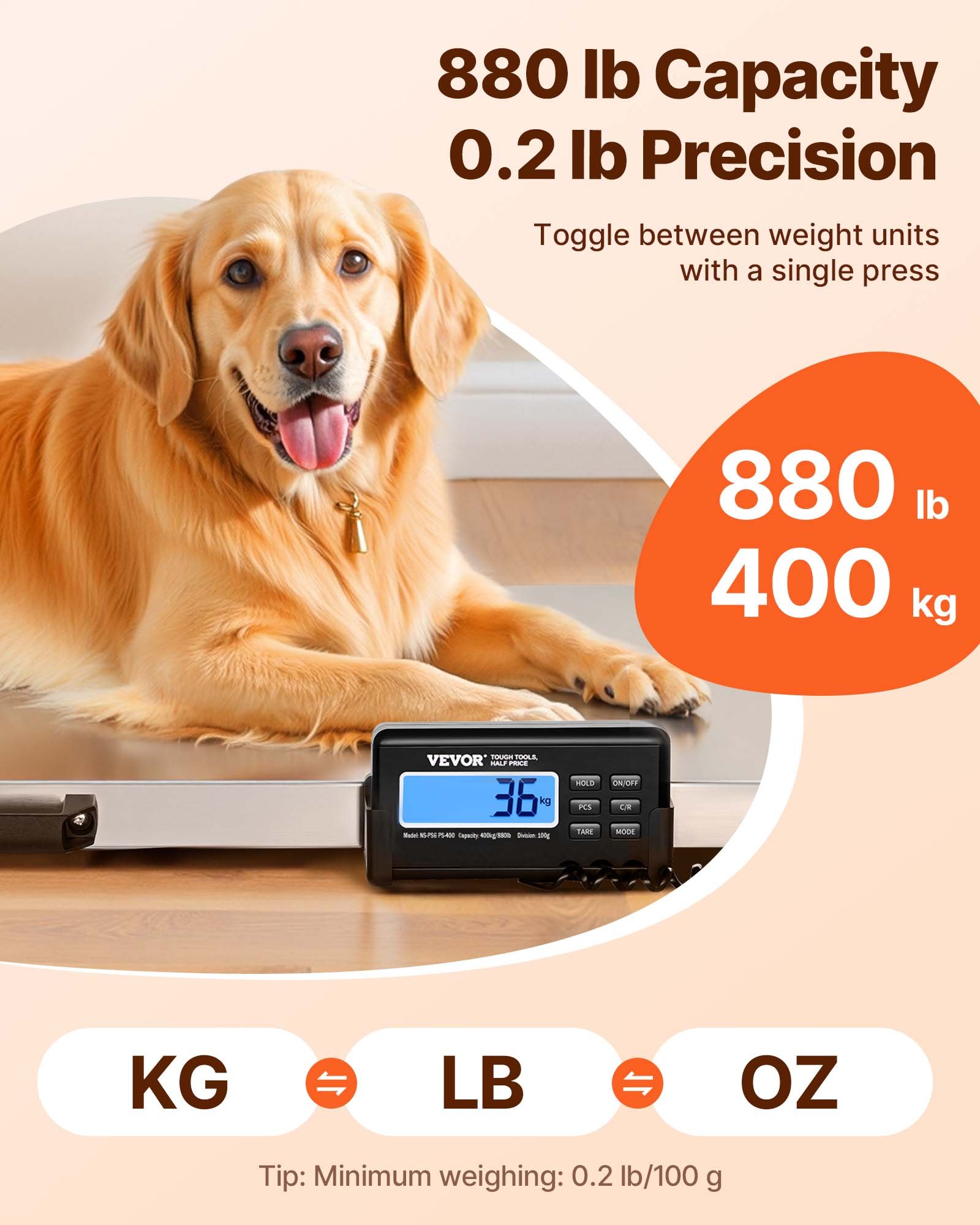 Báscula para ganado VEVOR de 700 lb, báscula para perros con plataforma grande de 40,6 x 20,9 pulgadas, de acero inoxidable, para uso veterinario, báscula industrial de suelo, báscula para animales grandes, báscula para cerdos, báscula para cabras, báscula digital para mascotas.