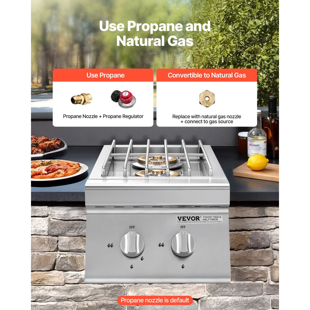 Quemadores laterales dobles para parrilla VEVOR, 2 quemadores laterales de propano líquido de 15,000 BTU para cocina exterior, convertibles a gas natural, quemadores dobles para parrilla empotrables de acero inoxidable 304 para isla de parrilla de barbacoa