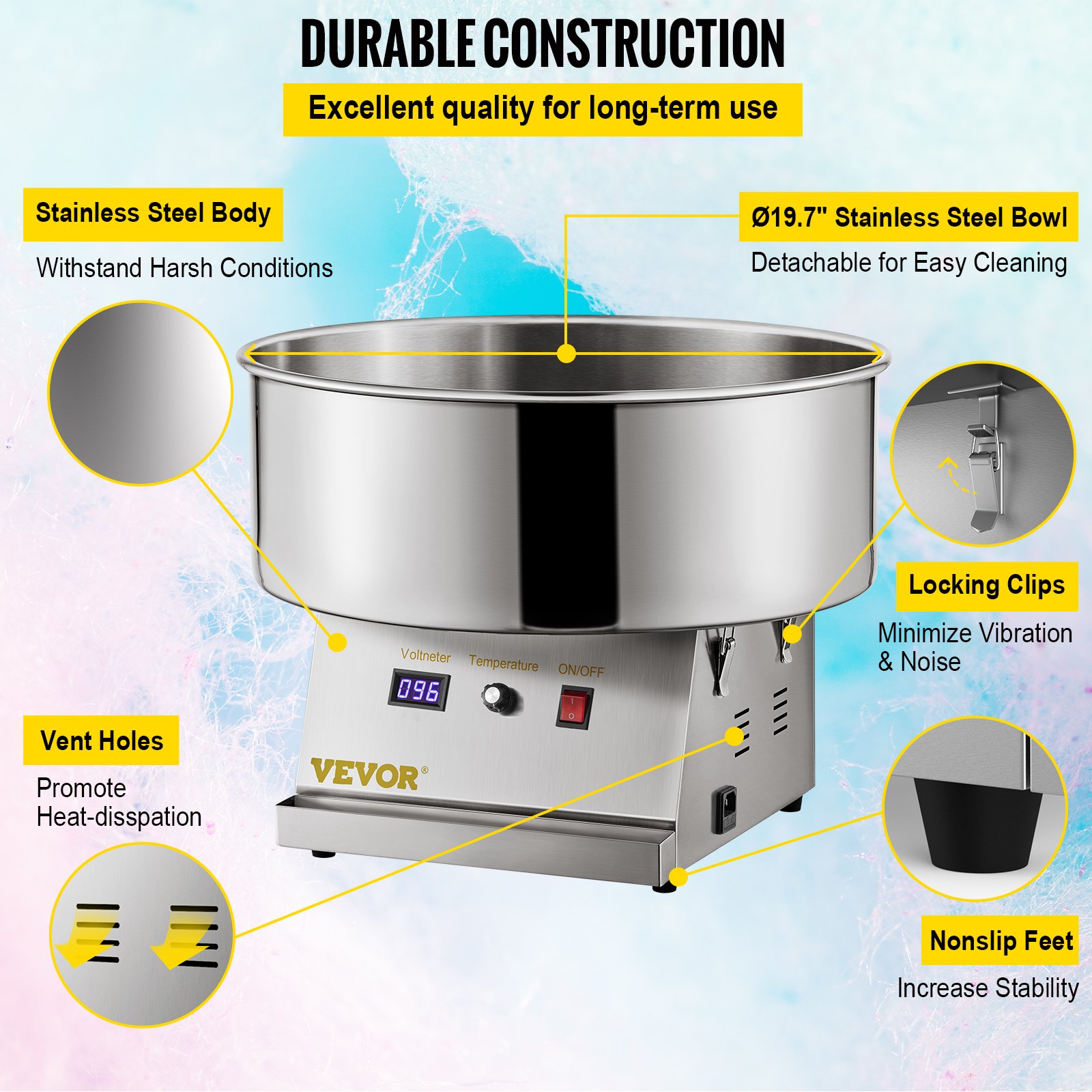 VEVOR Commercial Cotton Candy Machine Sugar Floss Maker 19.7 '' Tazón 1050W Plata