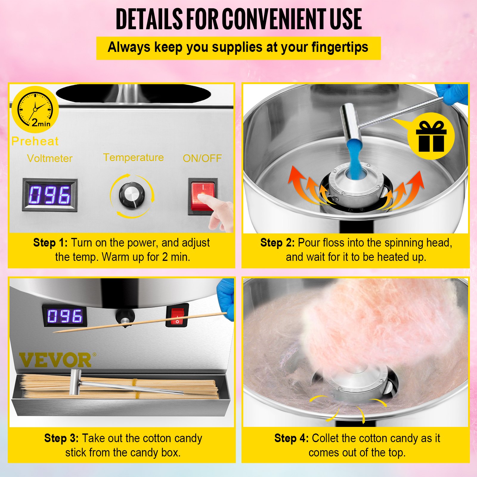 VEVOR Commercial Cotton Candy Machine Sugar Floss Maker 19.7 '' Tazón 1050W Plata