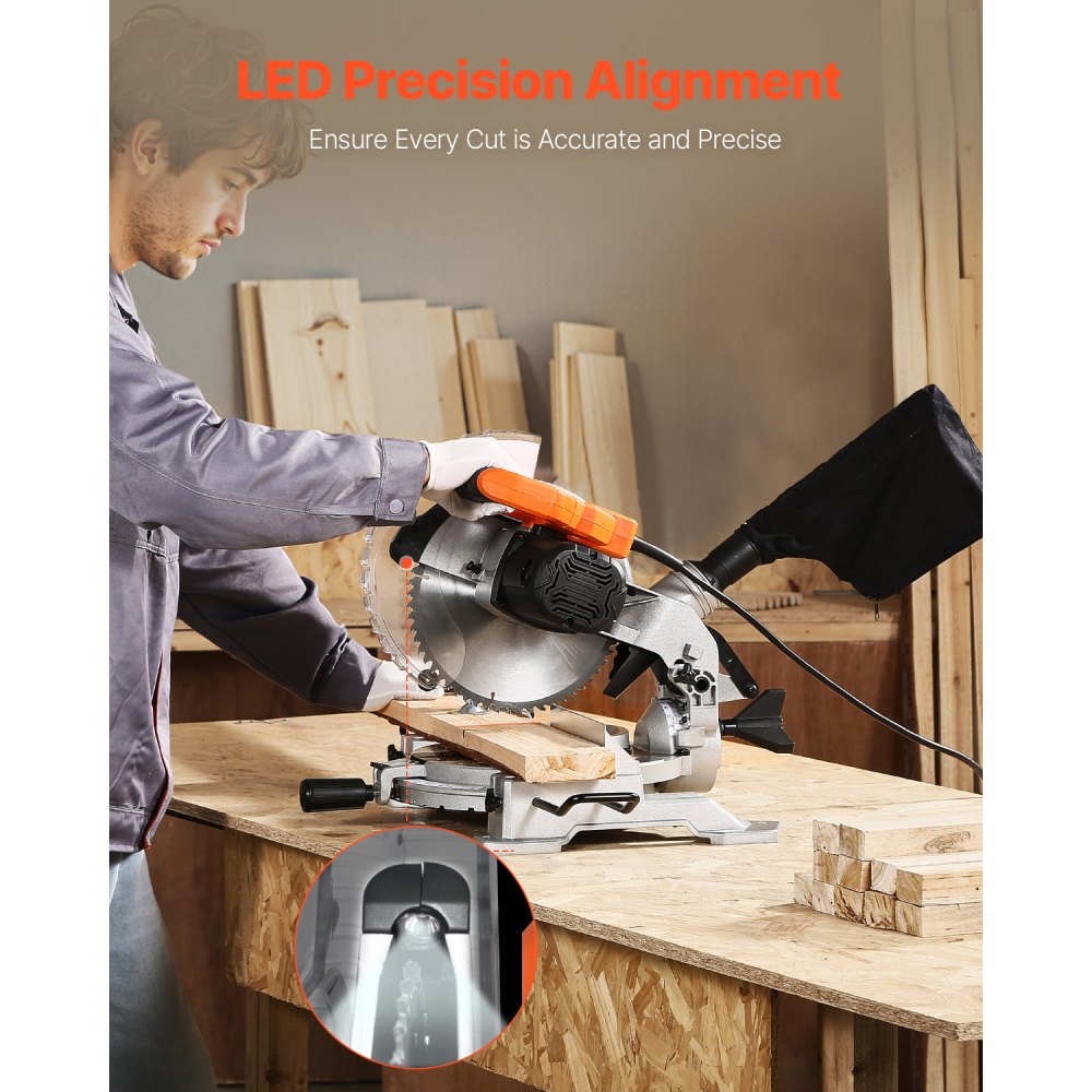 Sierra ingletadora compuesta VEVOR, hoja de 25 cm, motor de 15 A, 60 dientes, con cable, bisel simple de 0 a 45°, alineación de precisión LED, ángulo ajustable, base ligera de aluminio fundido, para madera y tarimas de composite.