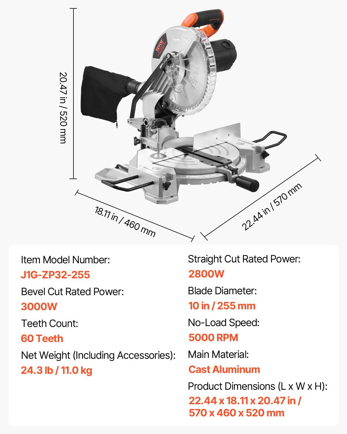 Sierra ingletadora compuesta VEVOR, hoja de 25 cm, motor de 15 A, 60 dientes, con cable, bisel simple de 0 a 45°, alineación de precisión LED, ángulo ajustable, base ligera de aluminio fundido, para madera y tarimas de composite.
