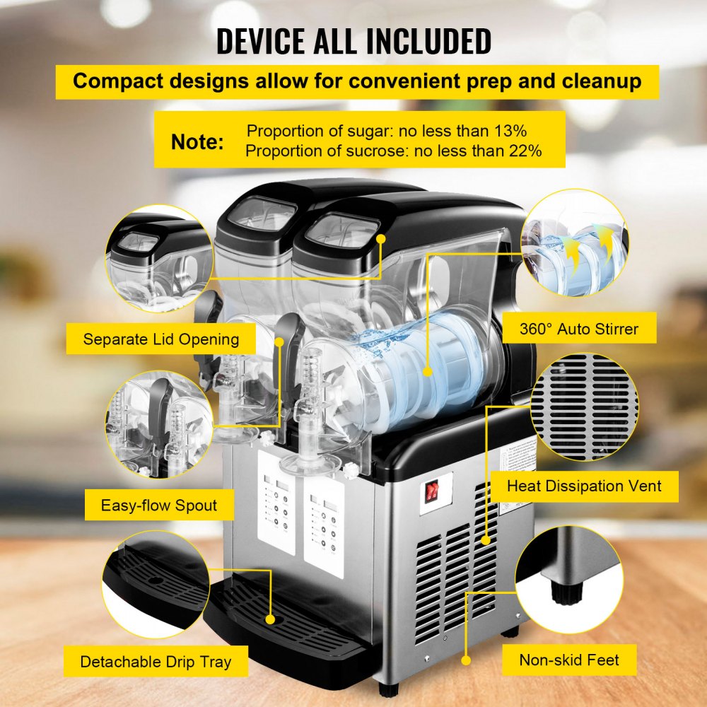 Máquina de granizados VEVOR de 110 V, 20 L, doble recipiente, para preparar margaritas, 900 W, limpieza automática, modos día y noche, para supermercados, cafeterías, restaurantes y bares. Uso comercial.